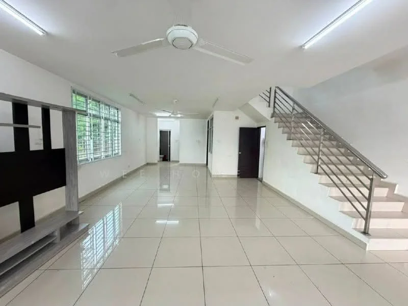 Living features: white painted walls, glossy ceramic tile flooring, 5-blade ceiling fan with light, large windows with grid pattern, open layout, staircase leading to upper floor, built-in shelving unit, neutral color scheme; style: modern.