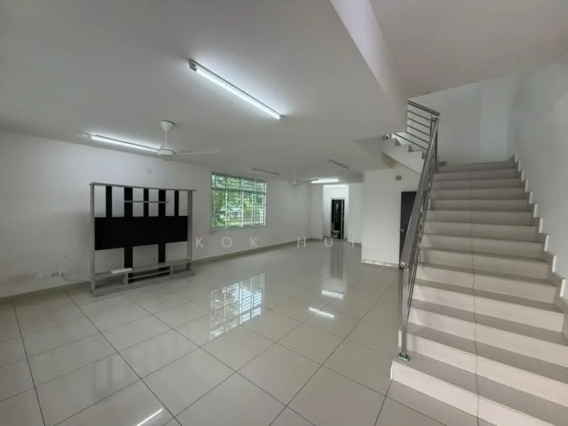Living features: white painted walls, glossy ceramic tile flooring, 5-blade ceiling fan with light, large windows with grid pattern, TV console, staircase with metal railing, recessed ceiling lights, open layout; style: modern.