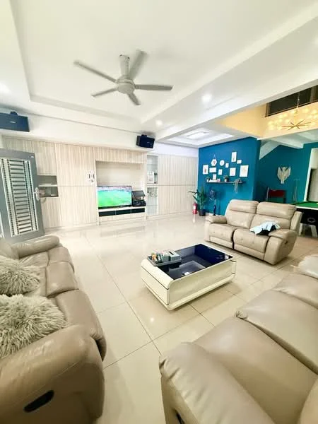 Living features: cream leather recliner sofas, glass coffee table, flat-screen TV mounted on wall, wooden TV console, light-colored wall paneling, blue accent wall, ceiling fan with light, recessed lighting, decorative wall art, large floor tiles, indoor plants; style: modern.