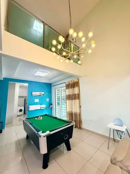 Living features: pool table, chandelier with multiple bulbs, white walls, blue accent wall, large windows with blinds, tile flooring, sofa, decorative curtains, recessed ceiling lights, laundry area visible, open layout; style: modern.