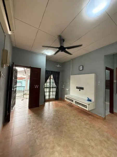 Living features: grey painted walls, tile flooring, 5-blade ceiling fan with light, wall-mounted TV, white entertainment unit, sliding glass door, blackout curtains, window with view to outdoor space; style: modern; view: garden.