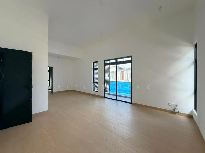 Room features: light wooden flooring, white painted walls, large sliding glass door, black accent wall, multiple windows, high ceiling, no visible furniture, natural light; style: modern; view: pool.