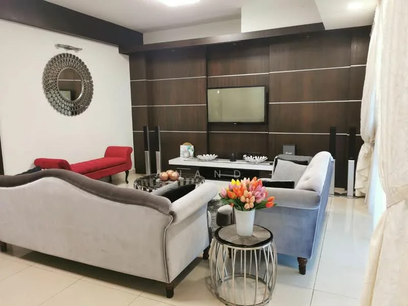 Living features: grey upholstered sofa, red accent chair, glass coffee table, decorative mirror on wall, wall-mounted TV, dark wood feature wall, recessed lighting, cream curtains, ceramic tile flooring, decorative flower arrangement; style: modern.