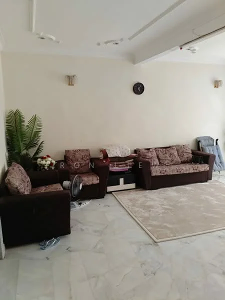 Living features: 3-seater fabric sofa in brown, 2-seater fabric sofa in brown, armchair in brown, decorative throw pillows, area rug with neutral tones, marble flooring, wall-mounted clock, wall sconces, potted plant, fan, light ceiling with recessed lights; style: contemporary.
