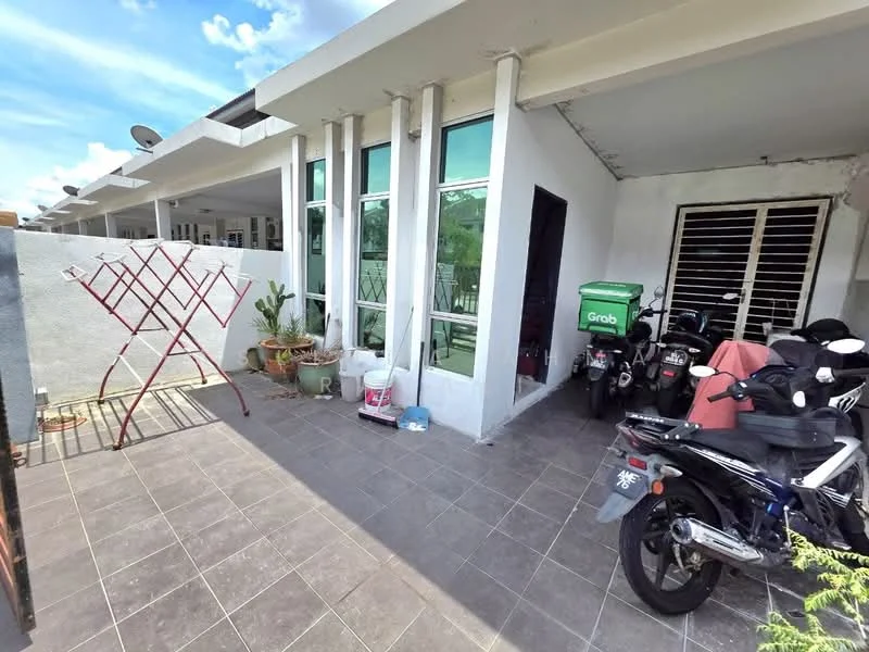 Exterior type: linked terrace house; features: grey tiled flooring, white painted walls, large windows, outdoor area with plants, clothes drying rack, motorcycles parked, visible entrance, surrounding residential units; style: modern.