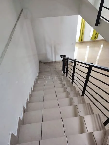 Room features: white painted walls, tile flooring, staircase with tiled steps, metal railing, natural light from windows, neutral color scheme, open space at the top of the stairs; style: modern.