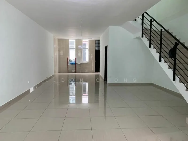 Living features: white painted walls, glossy beige floor tiles, large windows allowing natural light, staircase with metal railing, open layout, high ceiling, neutral color scheme, no visible furniture; style: modern.