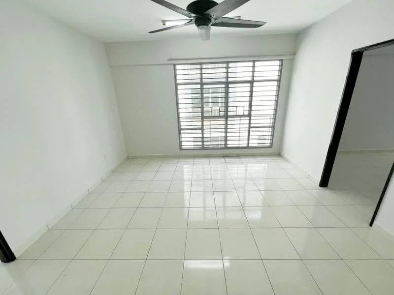 Room features: white painted walls, glossy white tile flooring, 5-blade ceiling fan, large window with horizontal slats, black door frame, natural light from window; style: modern.