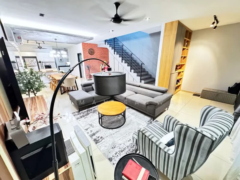 Living features: 3-seater fabric sofa in grey, armchair with striped upholstery, round wooden coffee table, area rug with geometric pattern, wall-mounted TV, built-in shelving unit, ceiling fan, recessed downlights, large windows, decorative plants, open-plan layout to dining area, tile flooring; style: modern. Dining features: 6-seater dining table, wooden dining chairs, pendant lighting above table, open layout to living area; style: modern.