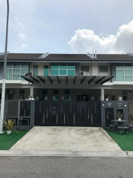 Exterior type: linked terrace house; features: grey painted facade, flat roof, two-storey building, manicured lawn, paved driveway, security gate, horizontal slats on awning, multiple windows, air conditioning units visible, greenery in front yard; style: modern.
