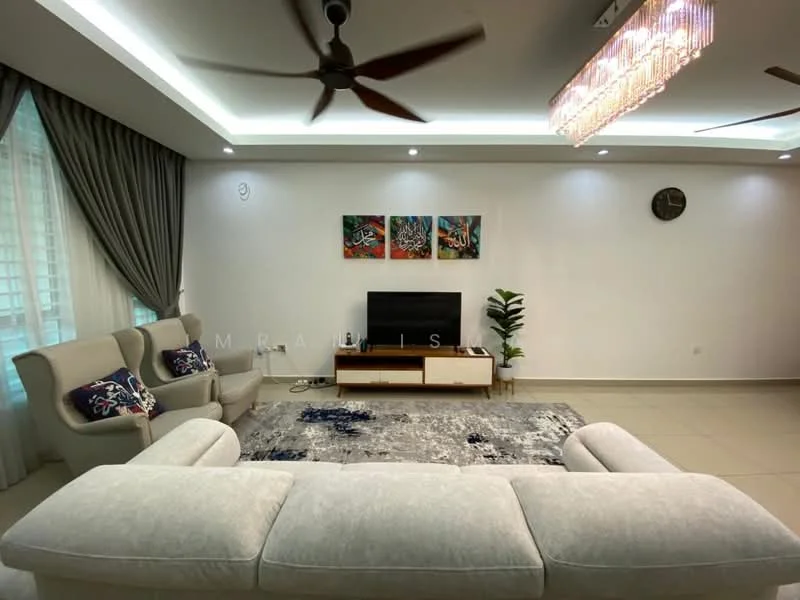 Living features: 3-seater fabric sofa in light grey, 2 armchairs with patterned cushions, coffee table with wooden base, wall-mounted TV, TV console with storage, area rug with abstract pattern, chandelier with multiple light fixtures, 5-blade ceiling fan, decorative wall art, wall clock, curtains in grey, neutral tiled flooring, indoor plant in ceramic pot; style: modern.