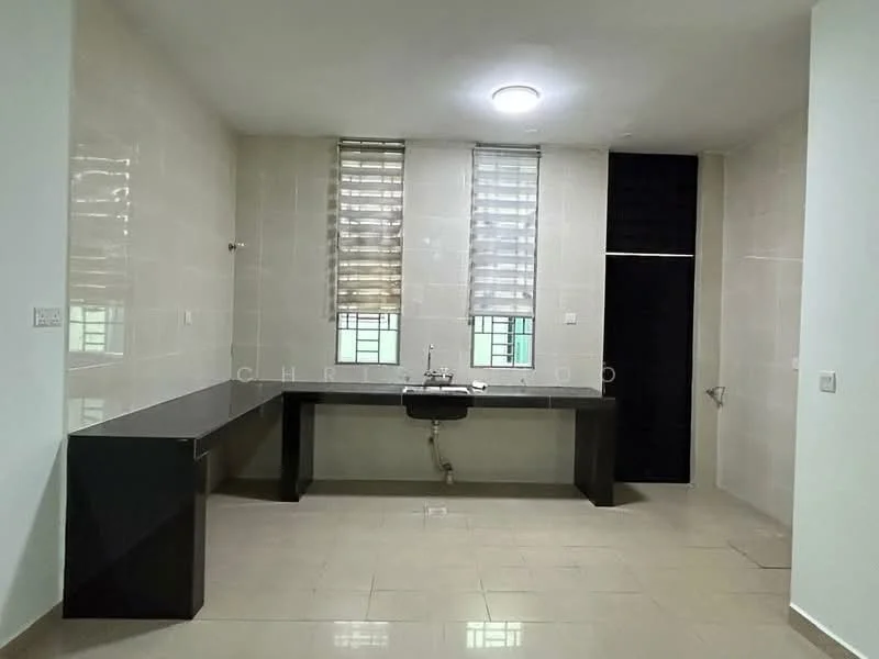 Laundry features: black countertop, white walls, tile flooring, single-bowl stainless-steel sink, chrome faucet, two windows with sheer curtains, recessed ceiling lights, black cabinetry, wall-mounted storage; style: modern.