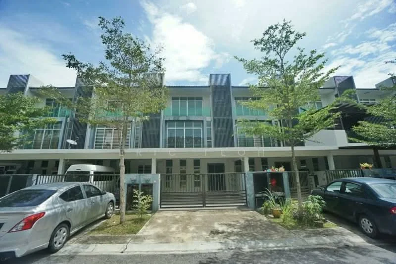 Exterior type: linked terrace house; features: two-storey building, glass curtain wall, white painted facade, recessed balconies, manicured landscaping, mature trees, driveway with interlocking pavers, front porch area, visible parking spaces, modern architectural design; style: modern.