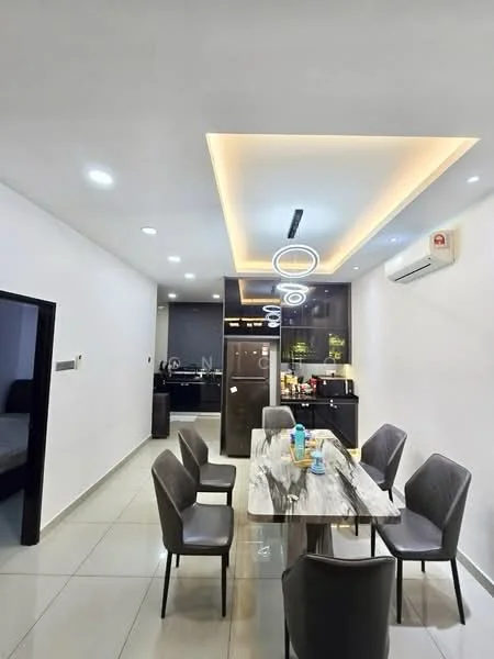 Dining features: marble dining table, 6 upholstered dining chairs, recessed ceiling lights, LED ring pendant lights, white painted walls, ceramic tile flooring, wall-mounted split AC, kitchen area visible in background, black cabinetry, stainless-steel fridge; style: modern.