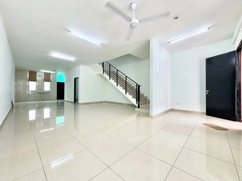Living features: glossy tile flooring, white painted walls, ceiling with recessed lighting, 5-blade ceiling fan, large windows for natural light, open layout, staircase leading to upper floor, doorway leading to another room; style: modern.