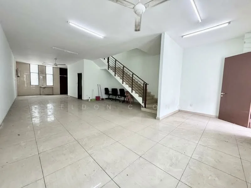 Living features: white painted walls, glossy beige tile flooring, 5-blade ceiling fan, recessed LED downlights, large windows with natural light, open layout, staircase leading to upper floor, seating area with chairs, neutral color scheme; style: modern. Room features: white painted walls, glossy beige tile flooring, 5-blade ceiling fan, recessed LED downlights, large windows with natural light.