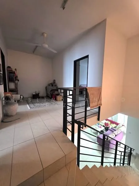 Room features: staircase with metal railing, cream tiled flooring, white painted walls, ceiling fan, area rug, open space, natural light from windows, decorative items on shelves; style: modern; view: living area.