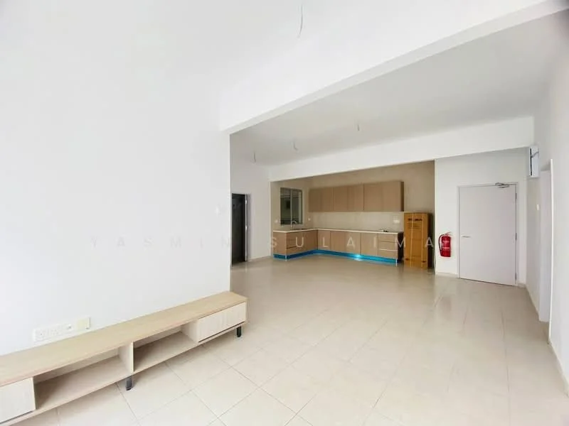 Living features: white painted walls, glossy tile flooring, recessed downlights, open layout, kitchen area with cabinetry, countertop with under-cabinet lighting, single door, built-in cabinetry, fire extinguisher, large windows for natural light; style: modern.