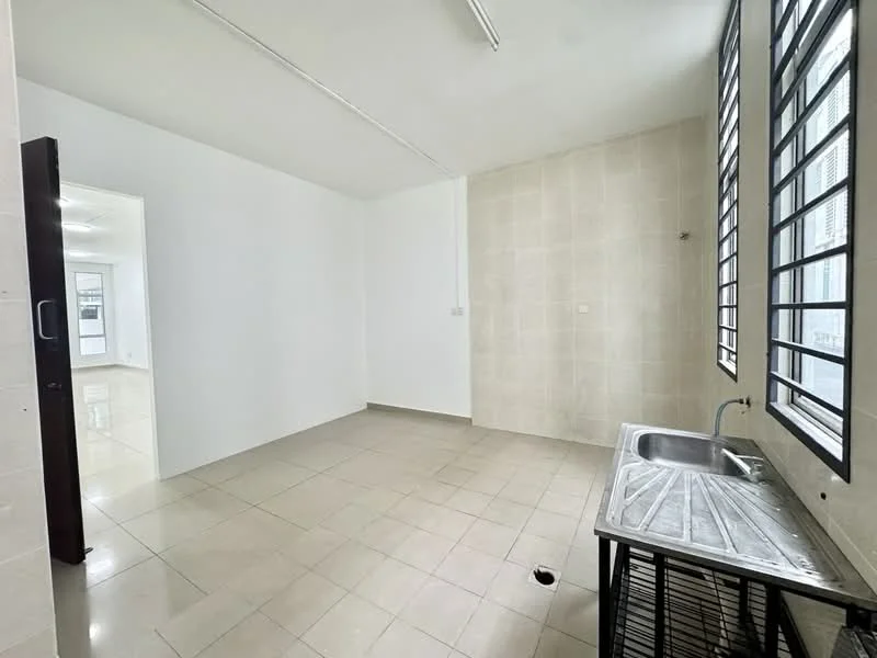 Kitchen features: white painted walls, light grey tiled flooring, stainless-steel sink, metal countertop, large windows with black metal grilles, fluorescent ceiling lights, open layout, no visible appliances; style: modern.