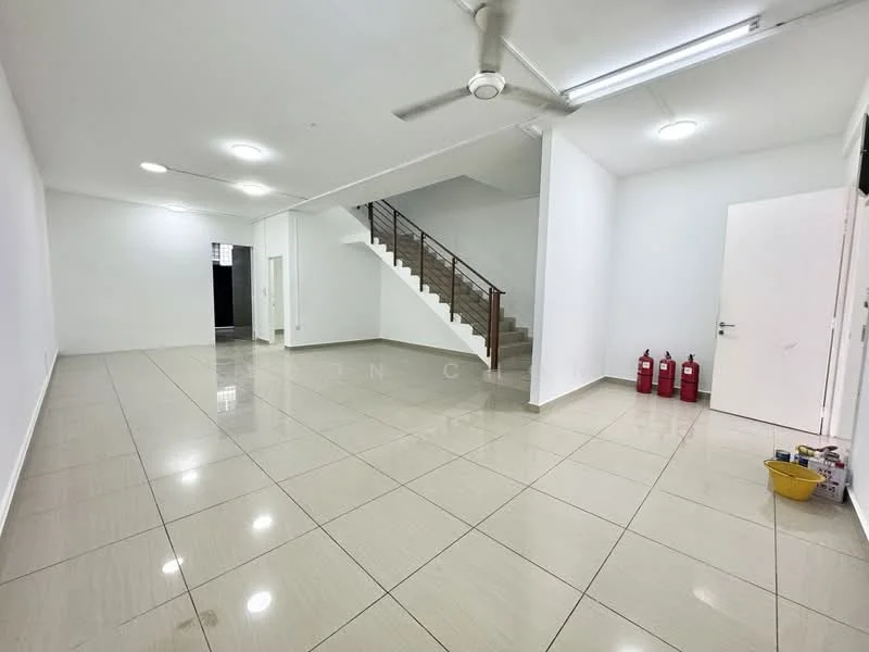 Room features: white painted walls, glossy ceramic tile flooring, ceiling lights, 5-blade ceiling fan, staircase with metal railing, fire extinguishers, open space layout; style: modern.
