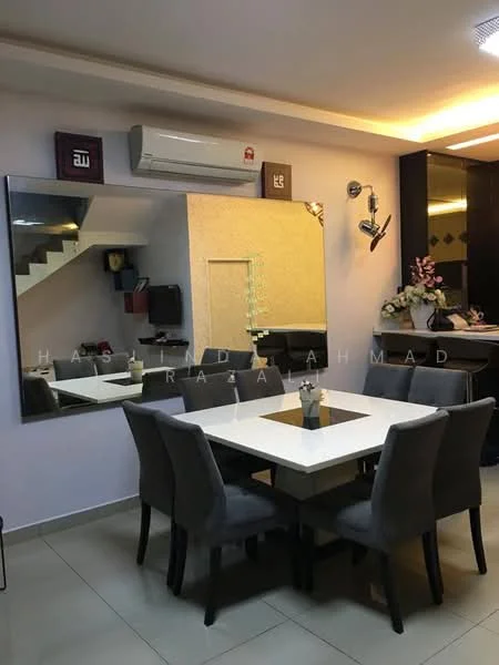 Dining features: square dining table with white top, upholstered dining chairs in grey, large wall mirror, wall-mounted air conditioning unit, decorative wall art, recessed ceiling lights, ceramic tile flooring, decorative flower arrangement; style: modern.