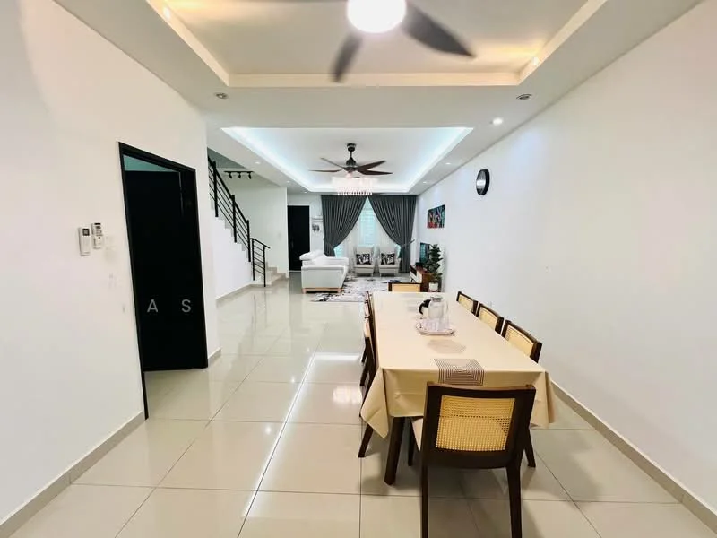Dining features: 6-seater dining table, beige tablecloth, wooden dining chairs, white walls, recessed ceiling lights, ceiling fan with light, large windows with curtains, tile flooring, decorative wall art, wall clock; style: modern. Living features: sofa in light color, coffee table, area rug, floor-to-ceiling windows, curtains, wall-mounted TV, decorative plants; style: modern.