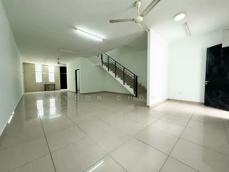 Room features: white painted walls, glossy ceramic tile flooring, 5-blade ceiling fan, recessed ceiling lights, staircase with metal railing, large windows for natural light, open layout, neutral color scheme; style: modern.