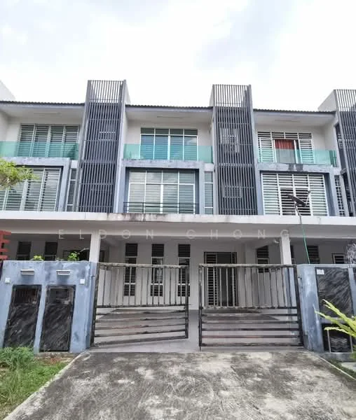 Exterior type: linked terrace house; features: two-storey building, grey painted facade, horizontal and vertical louvre screens, balconies with glass railings, manicured lawn in front, concrete driveway, gated entrance, multiple windows with shutters, modern architectural design; style: modern.
