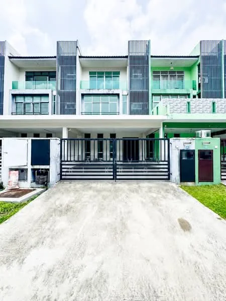 Exterior type: linked terrace house; features: two-storey building, green and white facade, horizontal louvre screens, balconies on upper floor, concrete driveway, manicured lawn, gated entrance, front porch area; style: modern.