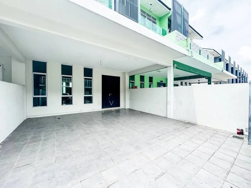 Exterior type: linked terrace house; features: paved flooring, white painted walls, multiple windows, overhang roof, open space, surrounding walls, green accents on adjacent building; style: modern.