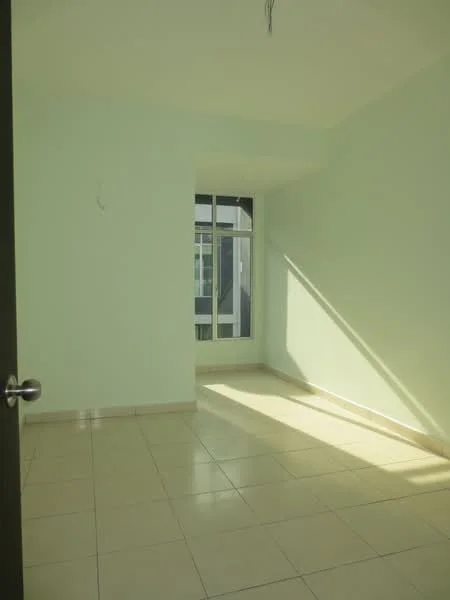 Room features: light green painted walls, white ceiling, floor-to-ceiling window, tile flooring, natural light from window, corner window, no visible furniture.