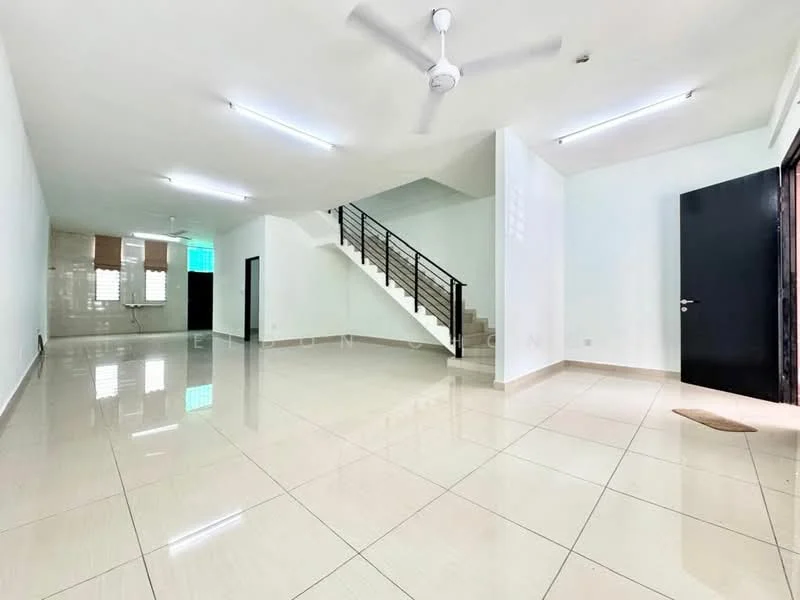 Living features: glossy tile flooring, white painted walls, ceiling with recessed lighting, 5-blade ceiling fan, staircase with metal railing, large windows for natural light, open layout, neutral color scheme; style: modern.
