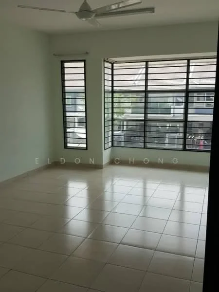 Room features: light green painted walls, white ceiling, floor-to-ceiling windows, horizontal metal window grills, tiled flooring in beige, ceiling fan, natural light from windows; style: modern.