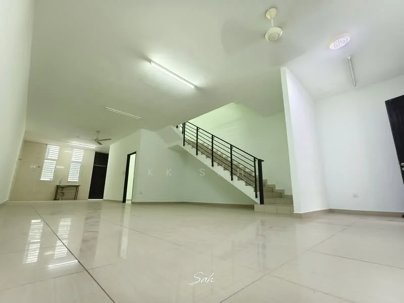 Room features: white painted walls, polished tile flooring, ceiling fan, staircase with metal railing, large windows for natural light, recessed lighting, open layout, neutral color scheme; style: modern.