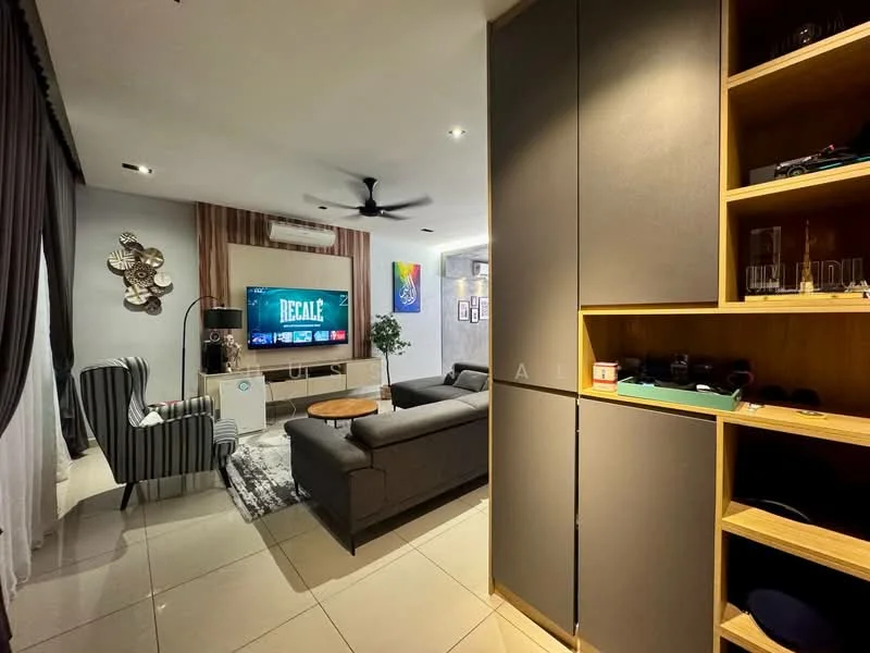 Living features: grey fabric sofa, 3-seater sofa, striped accent chair, coffee table, wall-mounted TV, TV console, recessed downlights, ceiling fan, decorative wall art, curtains, tile flooring, wood panel accent wall, open shelving unit, decorative mirror; style: modern.
