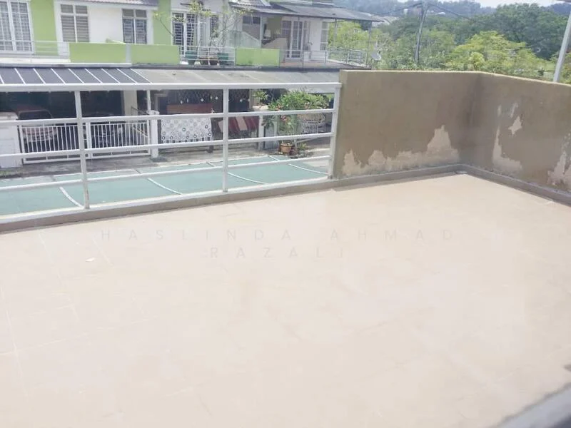 Exterior type: linked terrace house; features: open terrace, paved flooring, guard rail, surrounded by greenery, view of nearby houses, basketball court visible in background; style: modern.