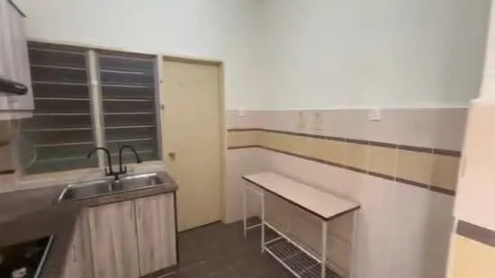 Kitchen features: single-bowl stainless-steel sink, chrome pull-down faucet, wood cabinetry with laminate finish, tile backsplash with beige and brown accents, countertop with laminate surface, stainless-steel stove, window with horizontal slats, light-colored walls, dark tile flooring, open shelving unit, door leading to another room; style: modern.
