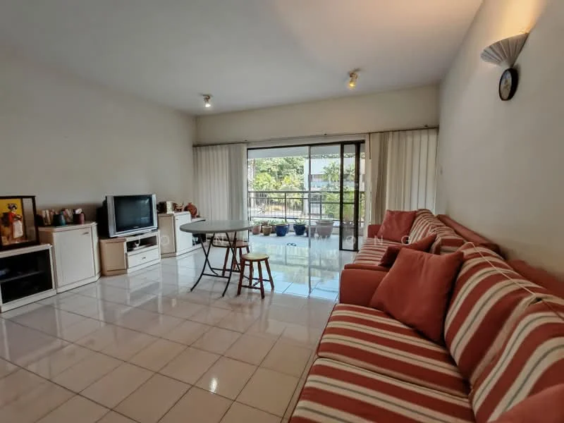 Living features: striped fabric sofa in orange and white, round dining table, wooden dining chair, television on white cabinet, white tiled flooring, floor-to-ceiling sliding glass door, sheer curtains, wall-mounted light fixture, decorative wall clock, balcony view; style: modern; view: garden.