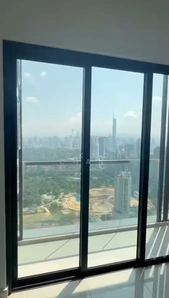 Room features: floor-to-ceiling windows, sliding glass door, city skyline view, grey tiled flooring, white walls, natural light; style: modern; view: city.
