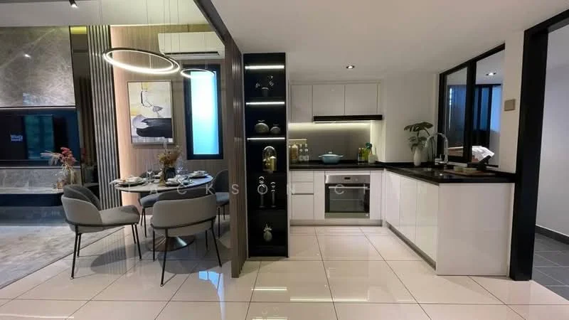 Kitchen features: white cabinetry, black countertop, built-in oven, stainless-steel fridge, stainless-steel sink, chrome pull-down faucet, ceramic tile flooring, recessed downlights, pendant light, open shelving, decorative items on shelves, dining table with chairs, wall-mounted air conditioning unit; style: modern.
