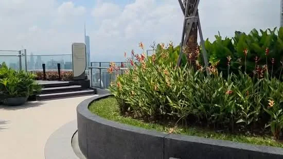 Exterior type: landscape garden; features: landscape garden with tropical plants, flower beds with orange and yellow flowers, curved stone seating area, paved walkway, glass railing, view of city skyline in background; style: modern.