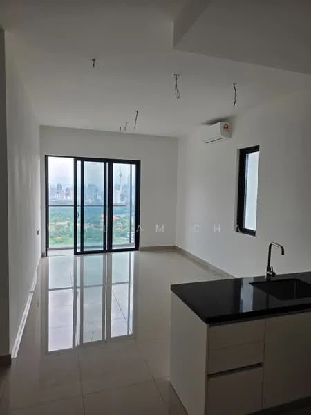 Living features: white painted walls, polished ceramic tile flooring, floor-to-ceiling windows, city skyline view, recessed downlights, wall-mounted split AC, black countertop, kitchen cabinetry; style: modern; view: city.