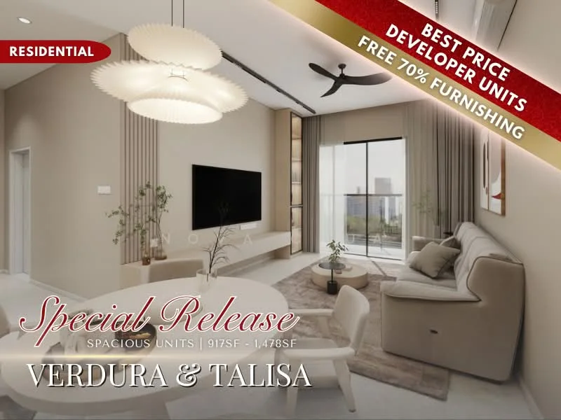 Living features: light beige painted walls, laminate flooring, 5-blade ceiling fan with light, sofa in light beige, round coffee table, TV console, wall-mounted TV, large floor-to-ceiling windows, sheer curtains, decorative pendant light, area rug with geometric pattern, decorative wall art; style: modern; view: city.