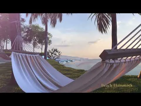 Exterior type: landscape garden; features: beach hammock, manicured lawn, palm trees, distant sea view, outdoor seating area, sunset lighting, landscape greenery; style: tropical-modern.
