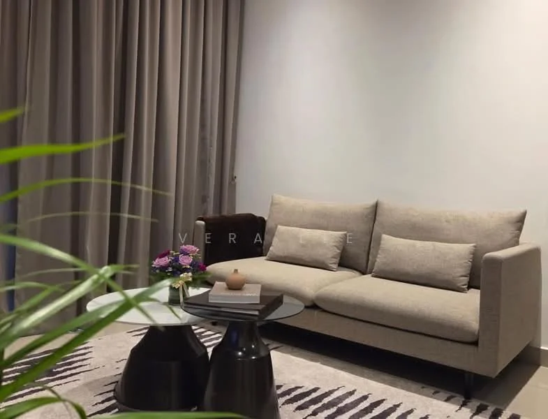 Living features: 3-seater fabric sofa in beige, round coffee table with black base, decorative plant in pot, framed artwork on wall, sheer curtains, area rug with geometric pattern, light grey painted walls, recessed downlights; style: modern.