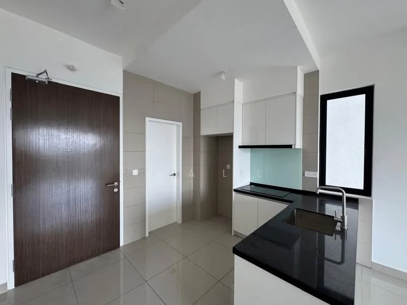 Kitchen features: black granite countertop, white cabinetry, single-bowl stainless-steel sink, chrome pull-down faucet, built-in kitchen hood, ceramic tile flooring, wall-mounted cabinets, window with black frame, door leading to hallway, recessed downlights; style: modern. Room features: white painted walls, door to hallway.
