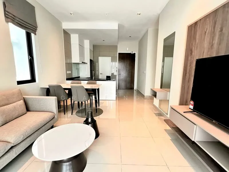 Living features: 3-seater fabric sofa in light grey, round coffee table with white top, TV console with storage, wall-mounted TV, floor-to-ceiling windows, neutral painted walls, tile flooring, recessed downlights, decorative mirror, dining table with 4 chairs, open kitchen layout; style: modern.