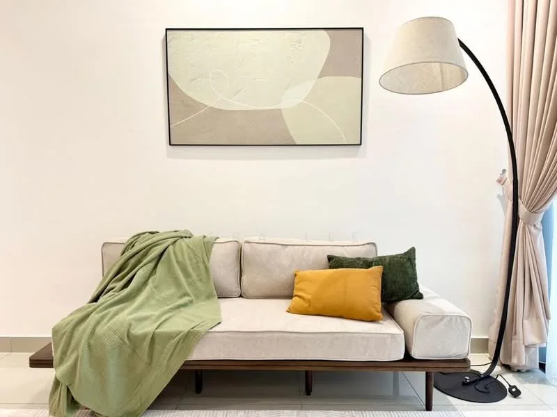 Living features: L-shape sectional sofa in beige, green throw blanket, yellow decorative pillow, green decorative pillow, floor lamp with curved arm, framed artwork on wall, curtains in light fabric, tile flooring, white painted walls; style: modern.