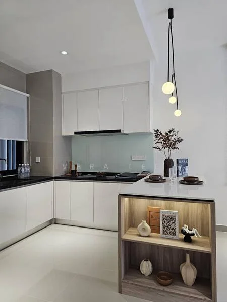 Kitchen features: white high-gloss cabinetry, black countertop, glass backsplash, built-in stove, built-in oven, recessed downlights, pendant light with three globes, open shelving with decorative items, marble tile flooring, window with roller blinds; style: modern.