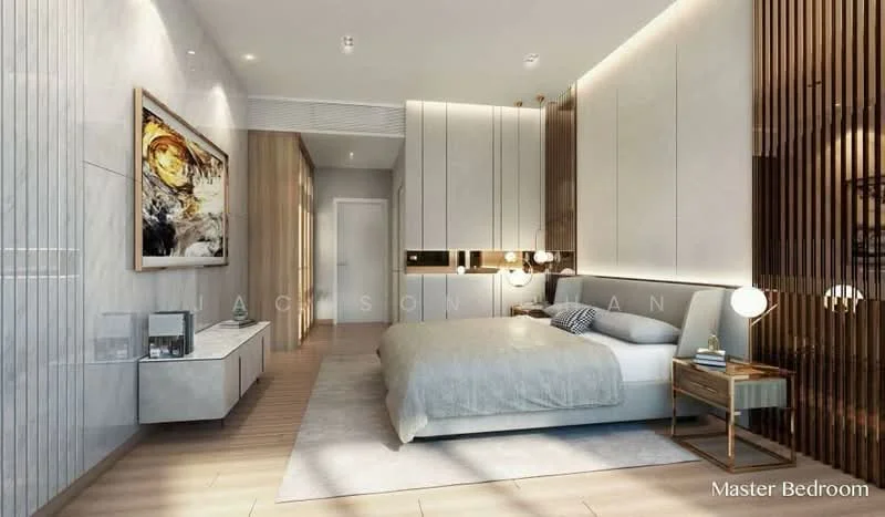 Bedroom features: king-size bed with upholstered headboard, light grey bedding, nightstands with pendant lights, built-in wardrobe with sliding doors, wall-mounted artwork, wooden flooring, recessed ceiling lights, decorative wall paneling, large window with sheer curtains; style: modern.